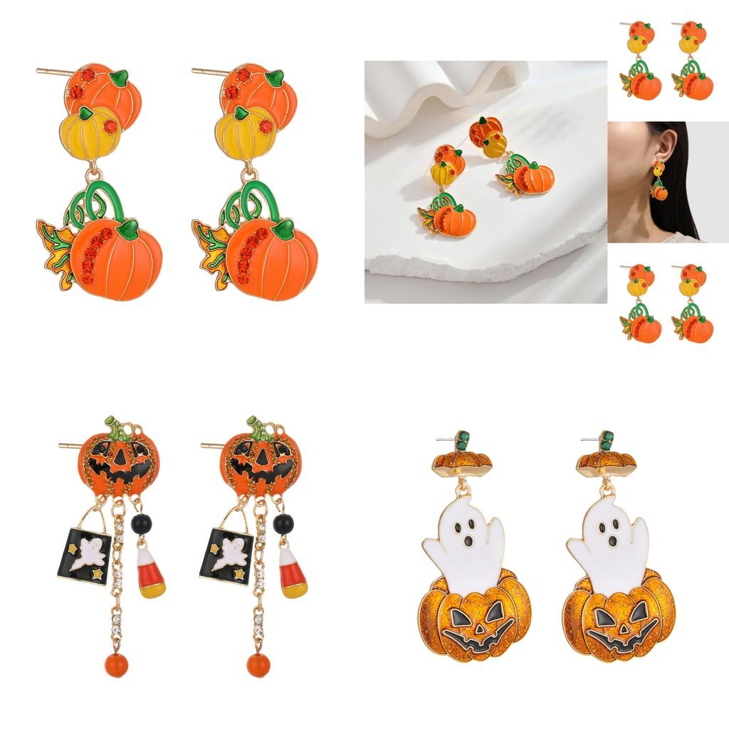 Whimsical Long Pumpkin Earrings For Halloween Featuring Cute Cartoon Characters In Alloy