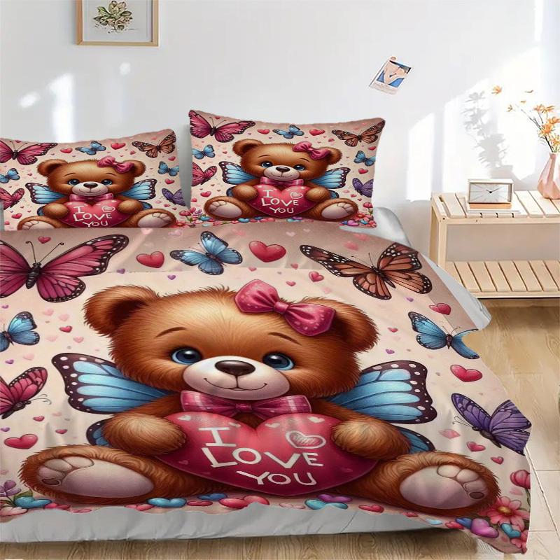 3pcs Anime Teddy Bear 'I Love You' Bedding Set - Includes One Quilt Cover and Two Pillowcases (No Filling) - Polyester Fabric, Perfect for B
