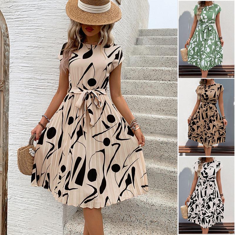 Amazon Independent Station New European and American Summer Women's Cross-border Geometric Pattern Printed Pleated Dress