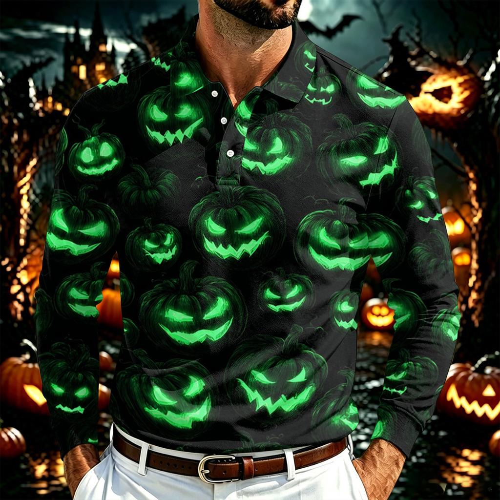 Herren Langarm Poloshirt Leichtes Atmungsaktives Netzgewebe Lässiges Hemd mit Knöpfen Halloween Geister-Aufdruck Design