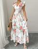 Women's Floral Print Maxi Dress V Neck Ruffle Sleeve Elastic Waist Summer Beach Dress Casual Vacation Dress