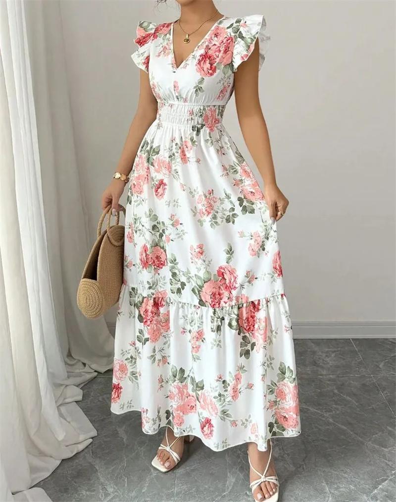 Women's Floral Print Maxi Dress V Neck Ruffle Sleeve Elastic Waist Summer Beach Dress Casual Vacation Dress