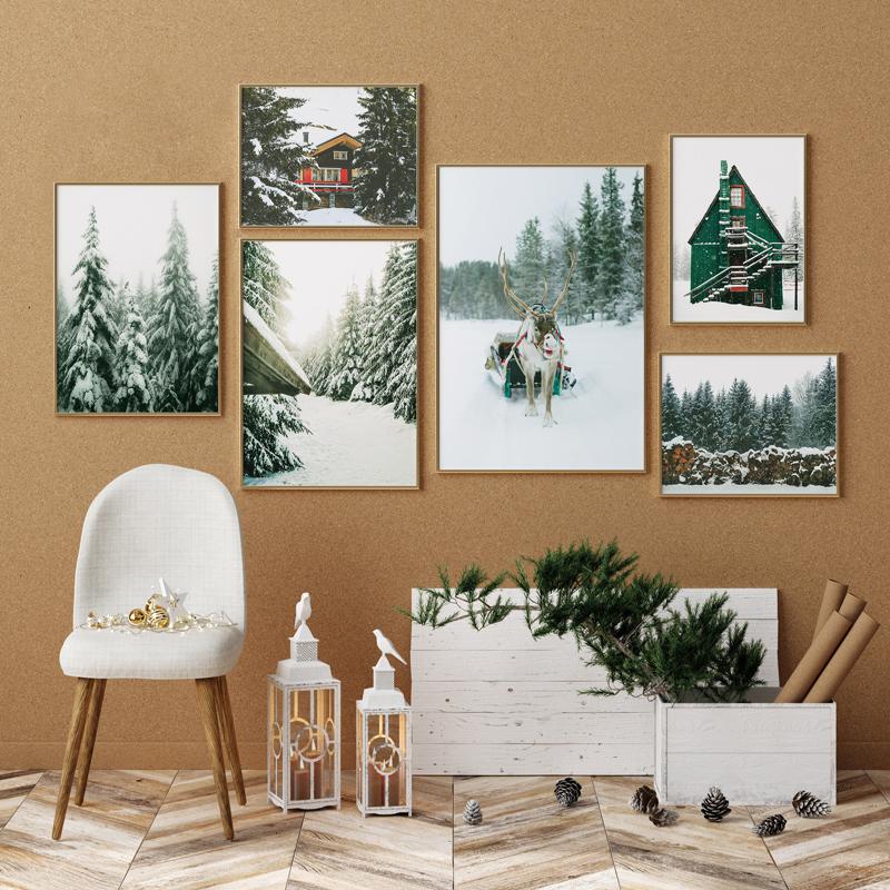 Pădure de iarnă Casă de zăpadă Cerb Sanie Artă de perete Pictură pe pânză Postere și imprimeuri nordice Poze de perete pentru decor camera de zi fără cadru