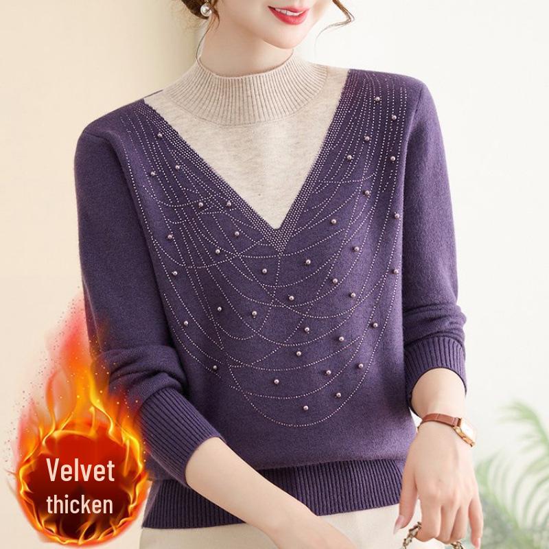 Mom's Velvet Thickened Knit Two-Piece Sweater for Autumn/Winter - Mid-Age Half-High Collar