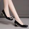 French single shoes new autumn soft leather square head square buckle rhinestone thick heel temperament high heels
