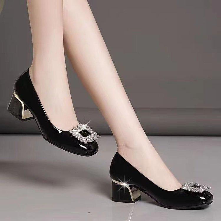 French single shoes new autumn soft leather square head square buckle rhinestone thick heel temperament high heels