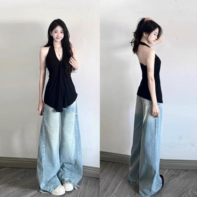 Women s Washed Distressed High Waist Loose Wide Leg Jeans - Spring Collection 3XL