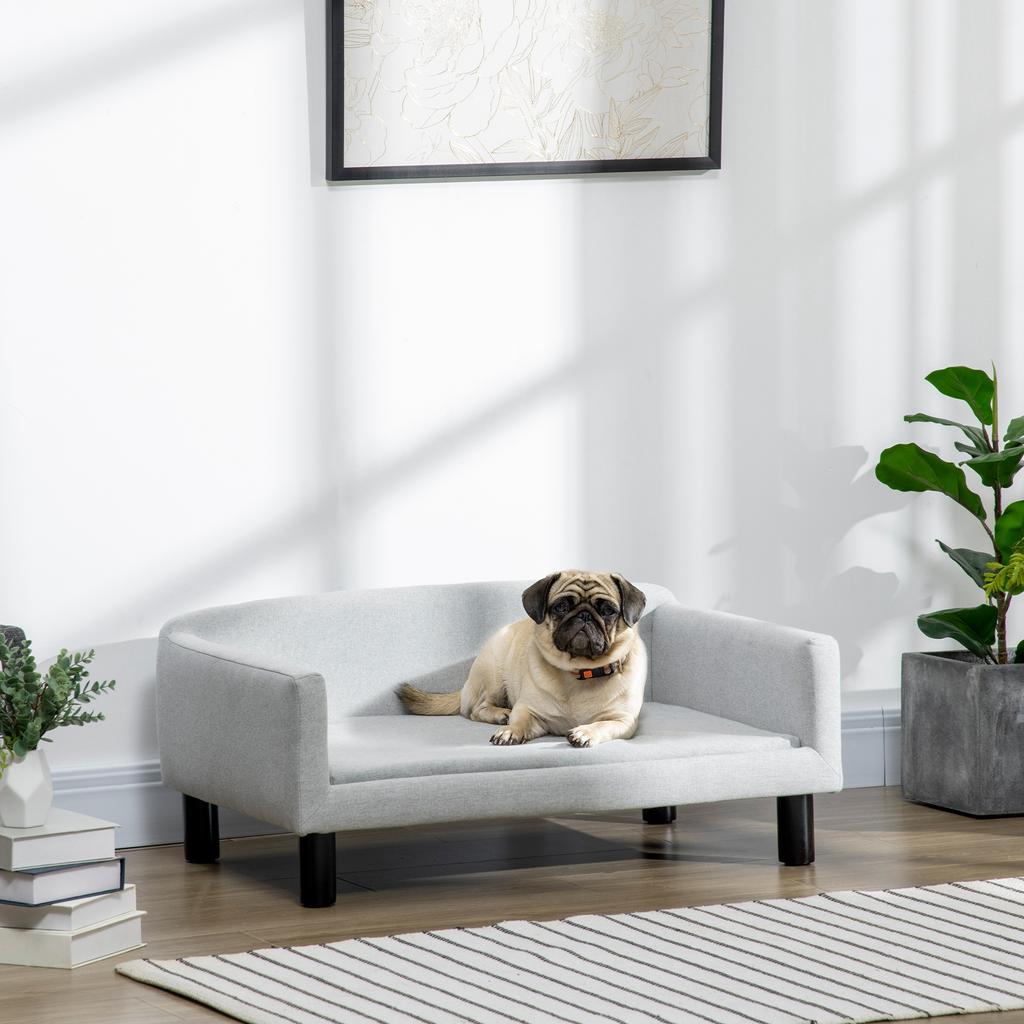Velvet Dog Sofa for Medium and Small Dogs with Cushion, Armrests and Backrest, 82x54x36 Cm, Light Grey