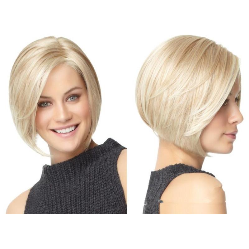 Senhoras curto loira peruca sintética natural fofo ondulado peruca com parte lateral bang para uso diário cosplay peruca resistente ao calor