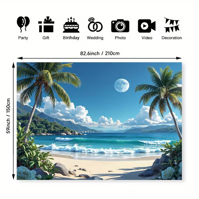 2D Moonlit Ocean Waves and Sand Shore Backdrop Photography Background Banner