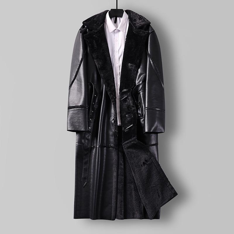 Men's Plus Size Fur-Lined Long Faux Leather Trench Coat