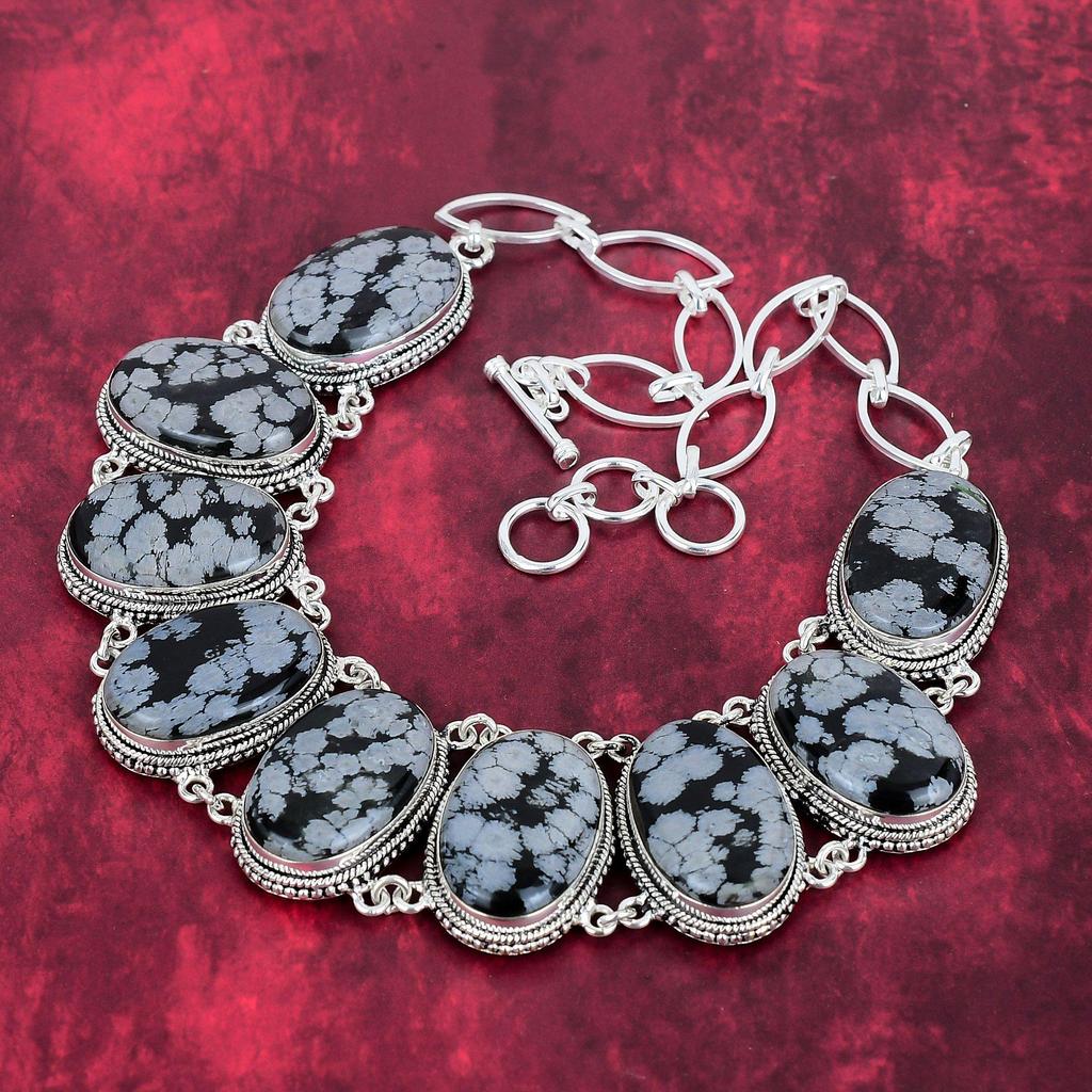 Collier Obsidienne Flocon de Neige, Argent Massif 925 Pierre Précieuse Fait Main Collier Bijou Délicat, Collier Chaîne Réglable Cadeau Pour Elle