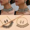 European Style Alloy Gemstone Necklace And Earrings Set With Artificial Pearl Dangles For Women