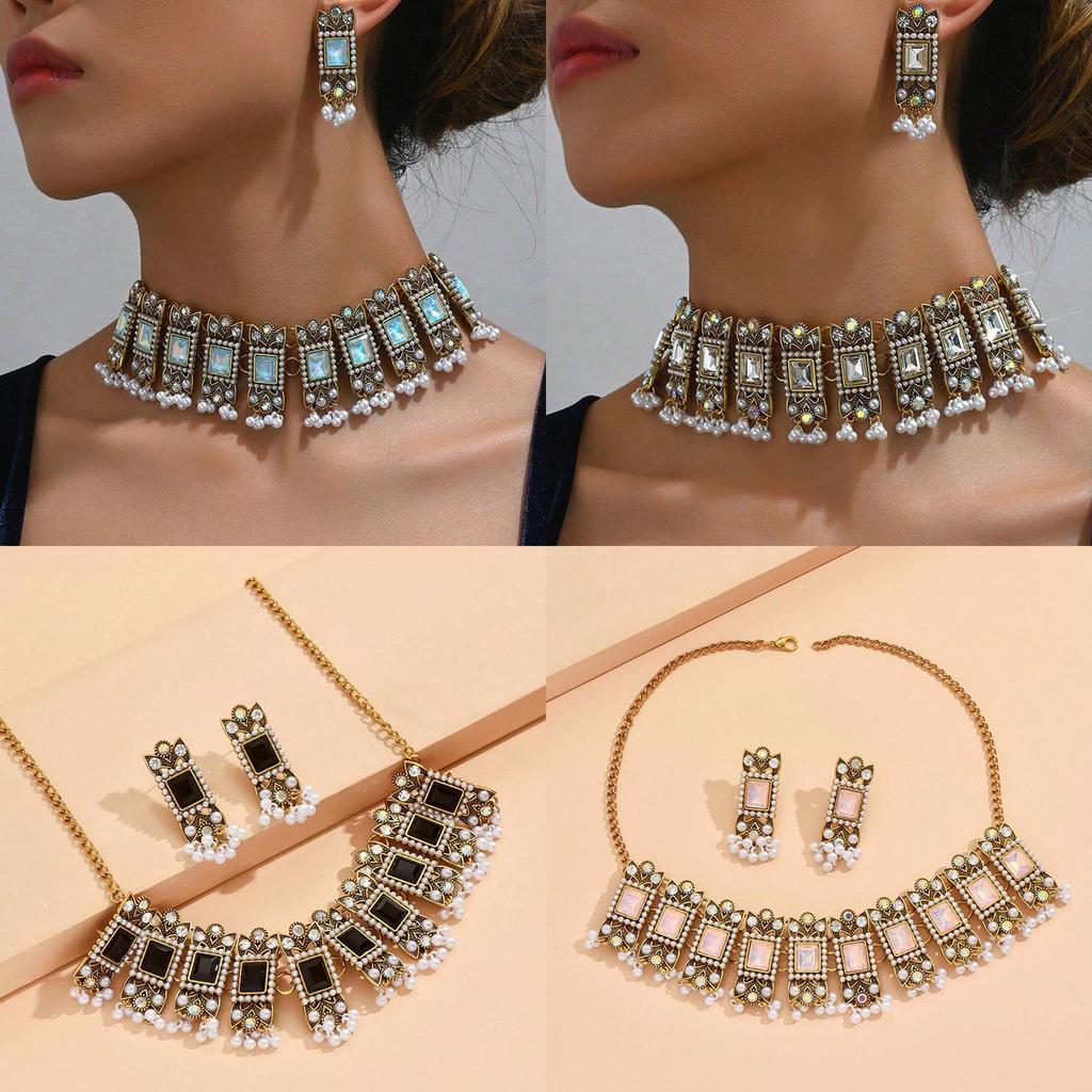 European Style Alloy Gemstone Necklace And Earrings Set With Artificial Pearl Dangles For Women