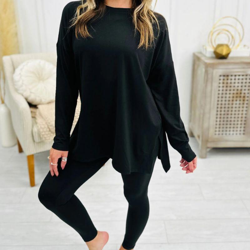 

2025 Мода Однотонный Комплект с Длинным Рукавом и Разрезом Домашняя Одежда Black L