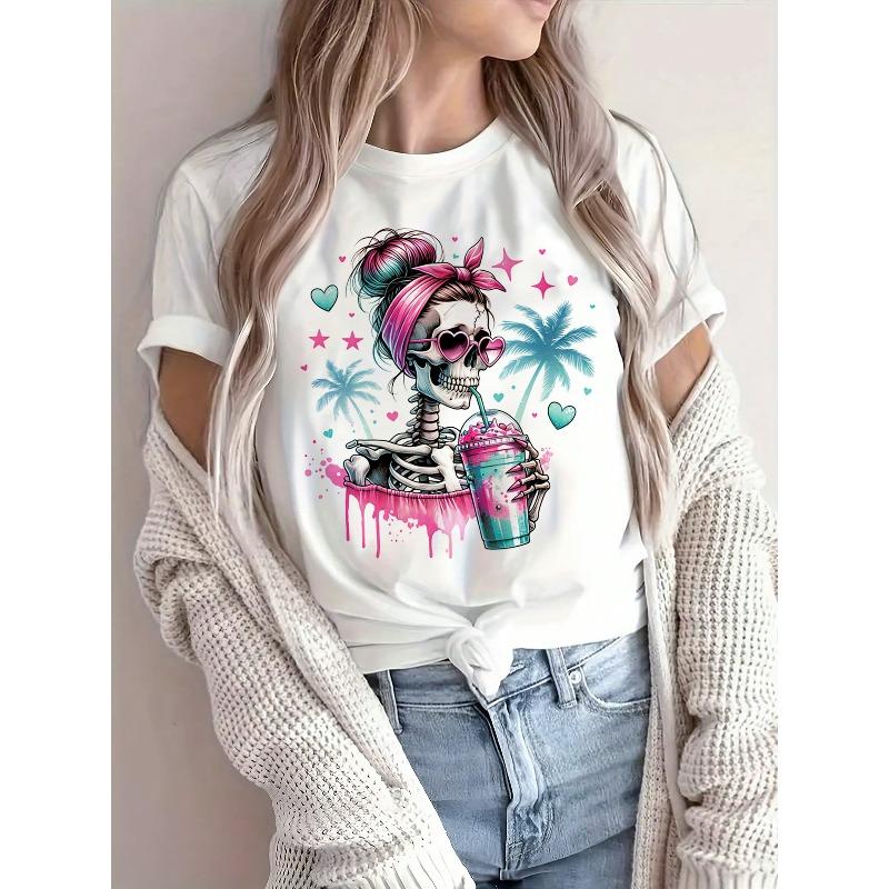 Europäische Größe Halloween Kokospalme Totenkopf Atmungsaktives Bedrucktes Rundhals-T-Shirt Lässiges Hemd Neues Damen-Urlaubskostüm Top