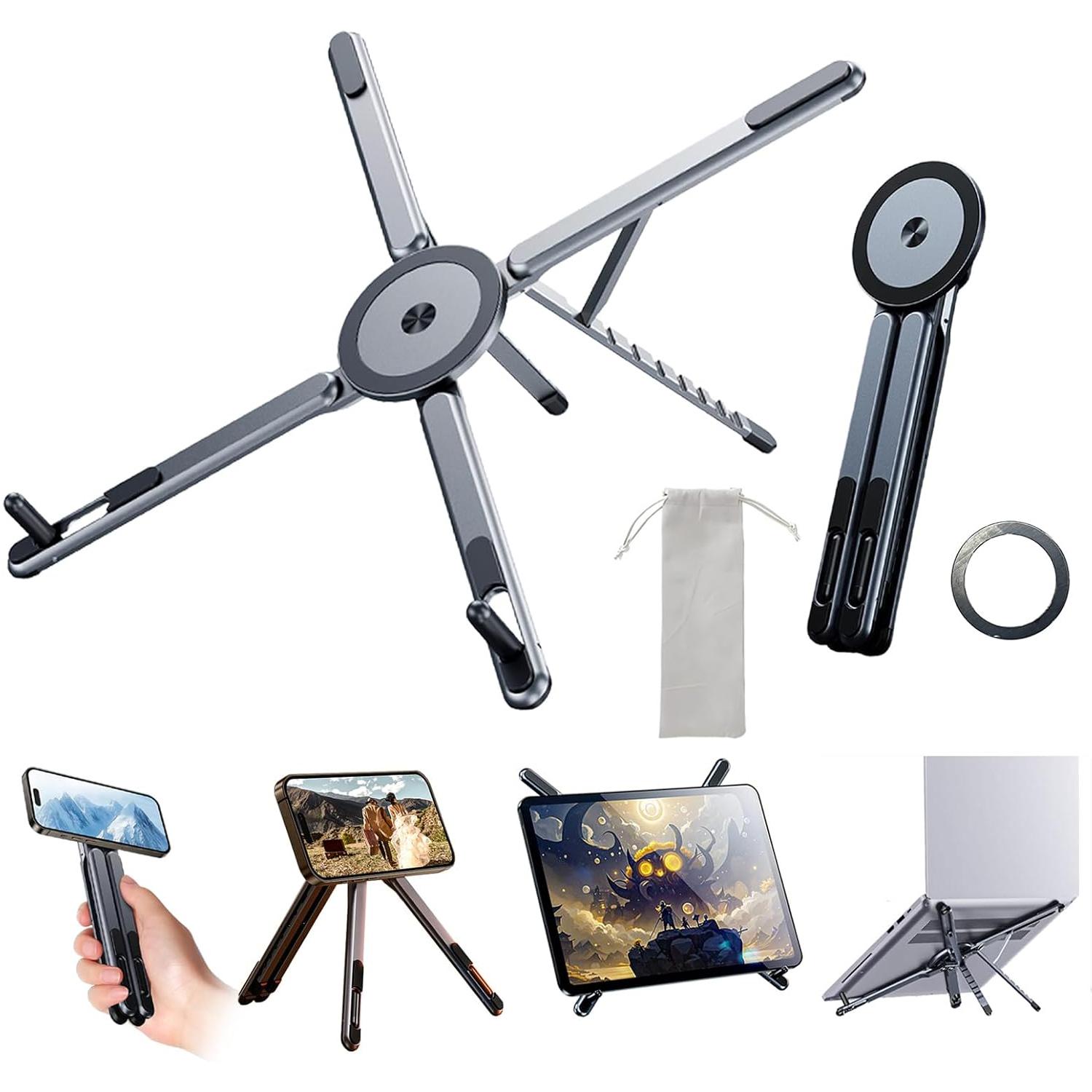 Portable Laptop Stand for Desk, 3-in-1 Adjustable Holder for MacBook, Aluminum Alloy Desktop Stand,Compatible with 4-13” iPhone,10-16” Laptops&Tablets серый
