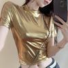 Women Metallic Glossy Half-Neck Slim Crop Top Short Sleeve T-Shirt