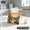 1pc Tissue Box, Pastoral Art Two Horses Sunset Serene Pattern, 2D Flat Printing, Dust-Proof, Foldable, Tissue Container, for Daily Use