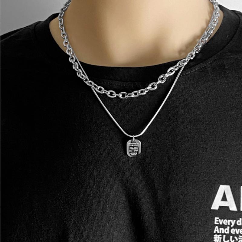 Square Brand Letter Double Chain Necklace Female Fashion Stacking Necklace Personality Clavicle Chain Titanium Steel Stitching
