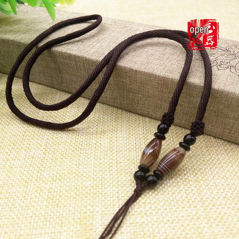 Jade Silk-Wrapped Agate Bead Ethnic Necklace - Long Sweater Chain with Woven Rope Pendant Rope Strap