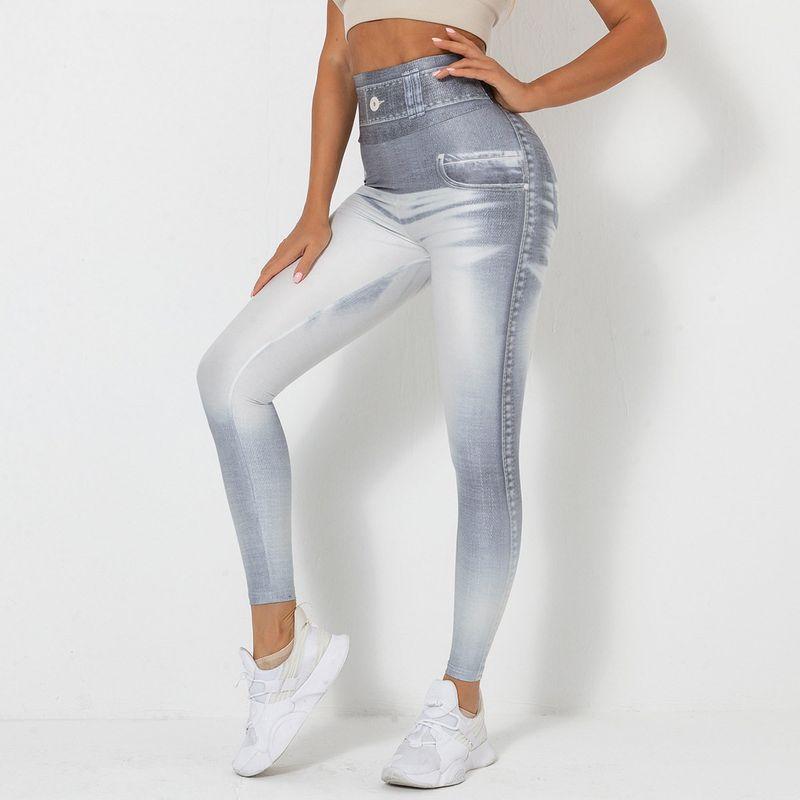 Cross-Border Fashion Digital Print Denim Blue Tight High Elastic Quick-Drying Yoga Pants Sports Running Slim Fit Fitness Pants Women