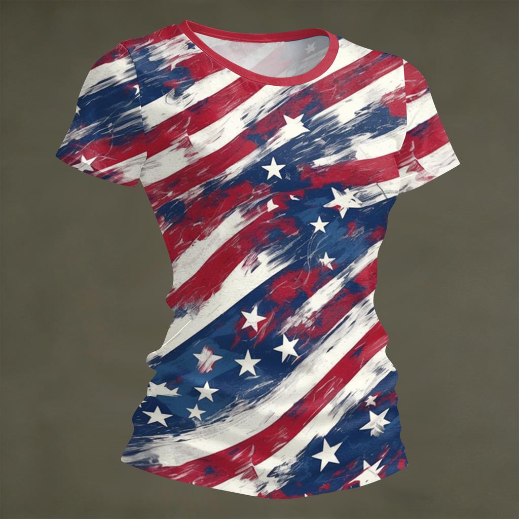 Damenmode Rundhals Unabhängigkeitstag Druck Kurzarm Locker Rundhals T-Shirt Top