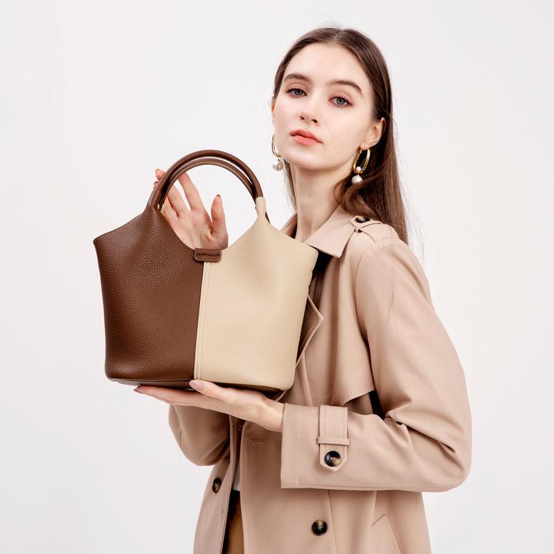 Tote bag, leather bag, women's wide shoulder strap, new contrasting color shoulder bag, women's bag, women's bag, bags wholesale, underarm bag