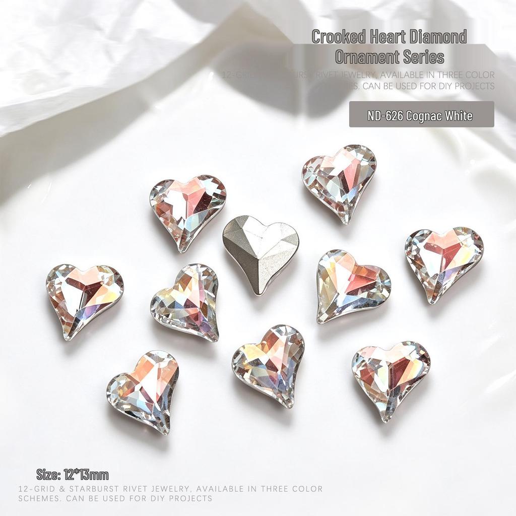 "10-Piece Heart-Shaped Nail Art Accessories with Pointed Bottom Transparent and Colorful Diamonds"