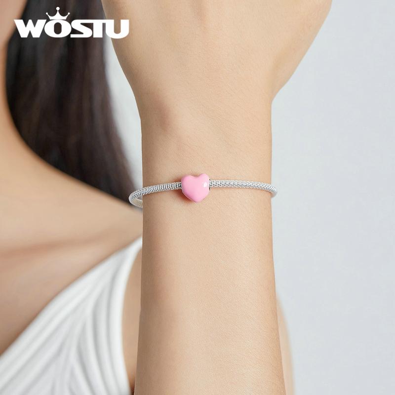WOSTU Enamel Smooth Red , Pink and Blue Three-color Heart Shape 925 Sterling Silver Charm Beads Fit Bracelet Bangle Fine Jewelry