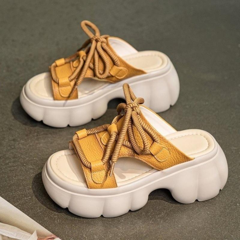 

One-word women s shoes women s high heels student sandals summer slippers casual new versatile lace-up cool slippers 35 жёлтый