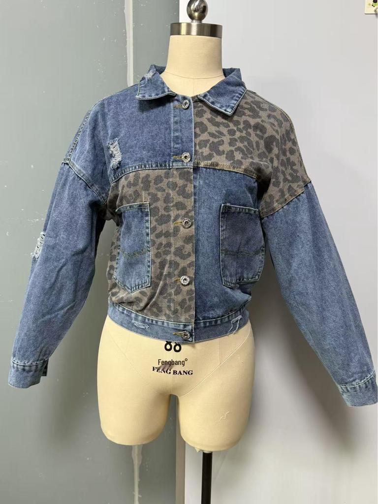 Leopard Print Denim Short Jacket for Women - European & American Spring/Autumn Collection