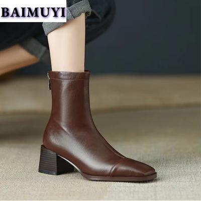 Women Square Toe High Heels Ankle Boots Fur Snow Shoes Short Plush 2024 Trend Chelsea Retro Soft Leather Autumn Goth Botas Mujer