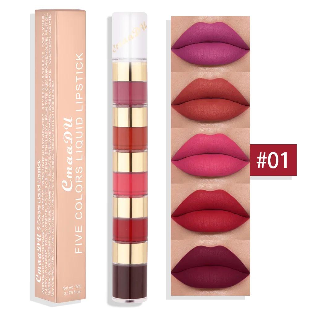 5 i 1 Matte Lipstick Kit Combo Strip Velvet Sexy Red Lip Tint Non-stick Cup Lip Gloss Lip Oil Makeup Lips Kosmetisk sett