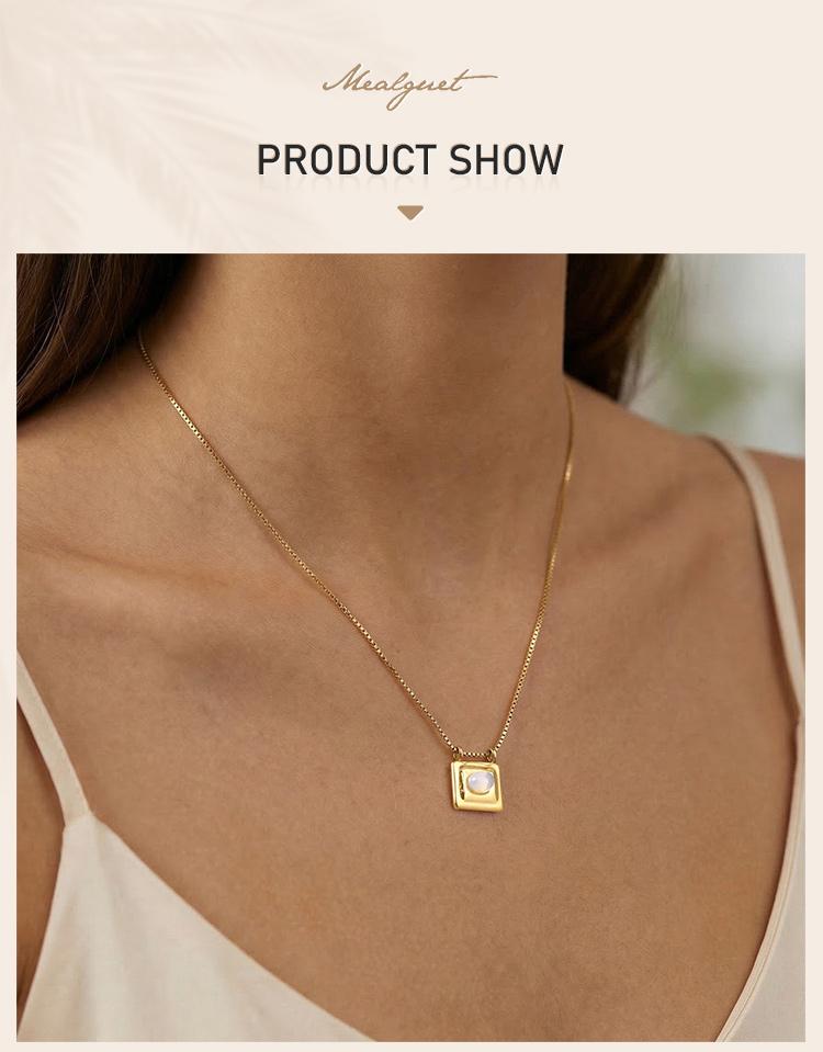 Square Pendant Necklace Stainless Steel Natural Stone Inlay Box Chain for Women Vintage Healing Jewelry Waterproof