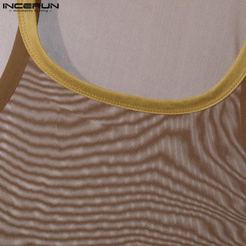 INCERUN Débardeurs à bretelles transparentes pour hommes Hauts transparents en maille patchwork