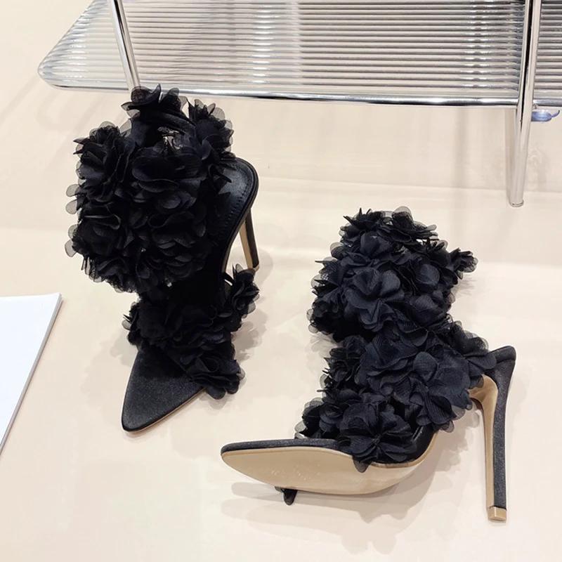 

Модные новые стильные дизайнерские босоножки с цветочным принтом, женские сексуальные с острым носком, с открытым носком, для вечеринок, на каблуках, летние женские черные высокие каблуки 35