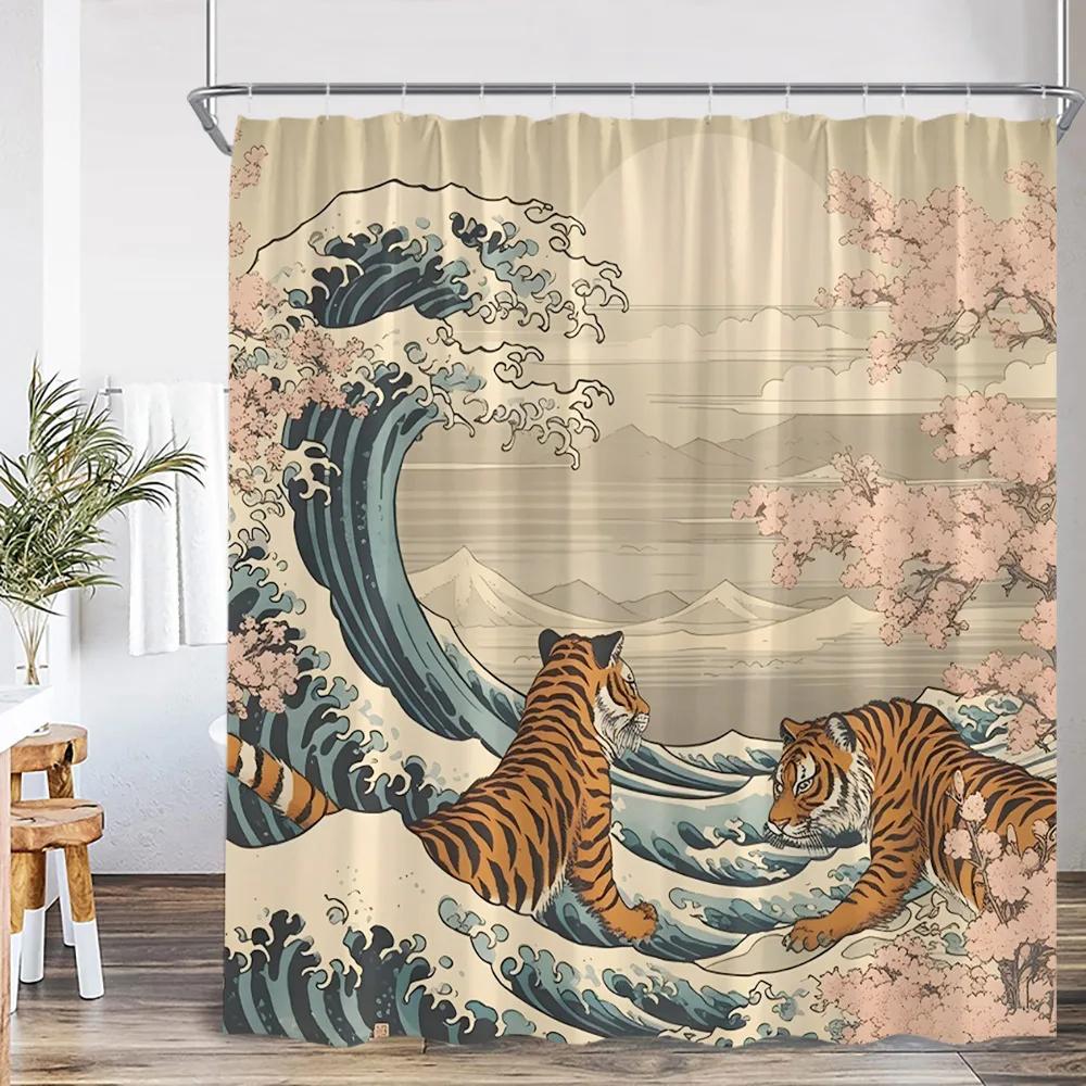 Japanese Style Shower Curtains Toad Master Frog Sea Waves Koi Cherry Blossom Bathroom Decorations Vintage Japan Bath Curtain
