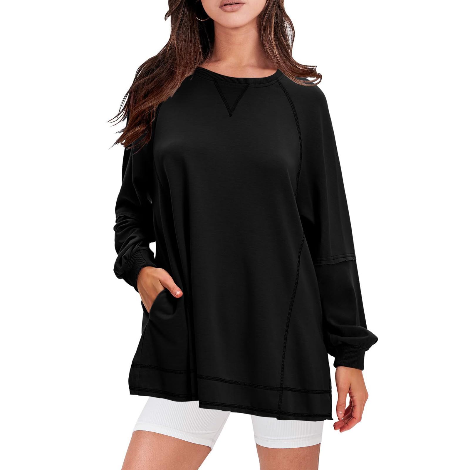 

Женские свободные толстовки, флисовые свитера с круглым вырезом, повседневные удобные осенние модные наряды, элегантная одежда M чёрный