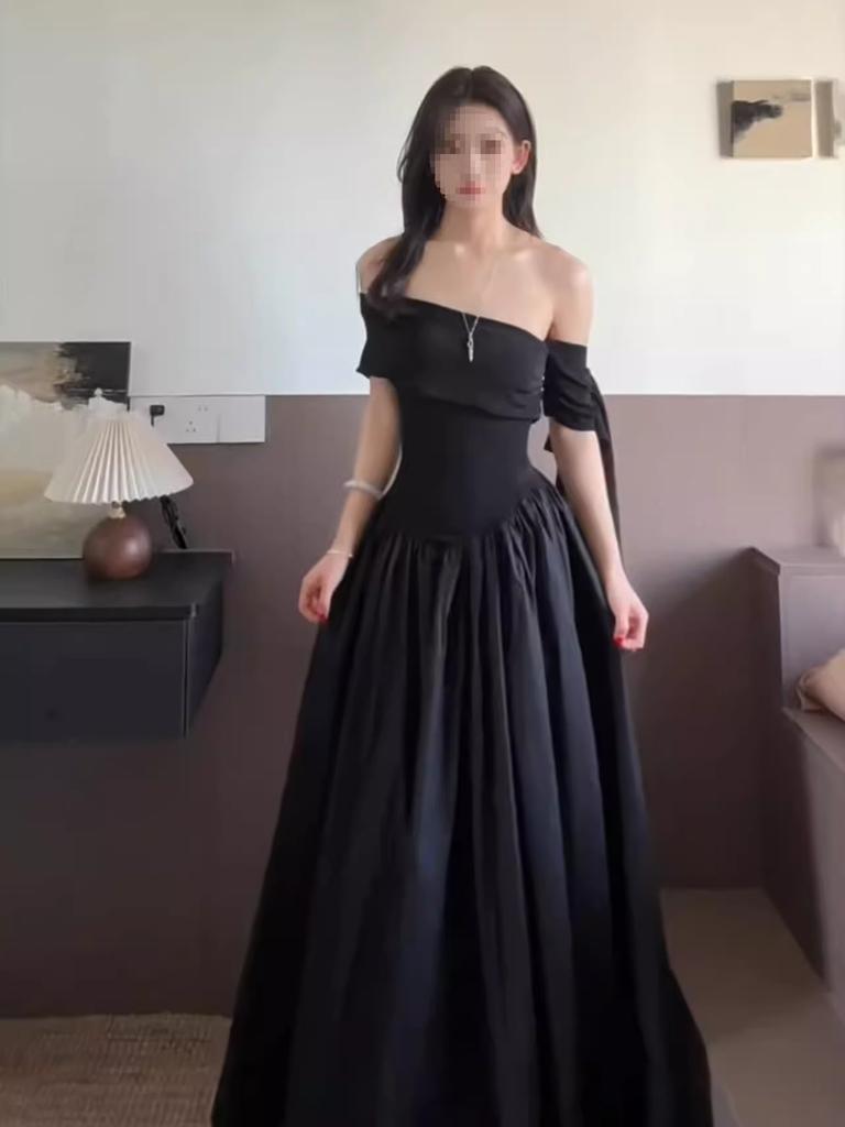 French Pure Desire Style One-word Shoulder Short-sleeved Dress Women's Summer New High-end Temperament Waist and Thin Long Dress