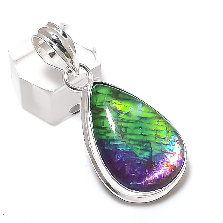 Dichroic Glass Gemstone 925 Sterling Silver Jewelry Pendant 1.85"