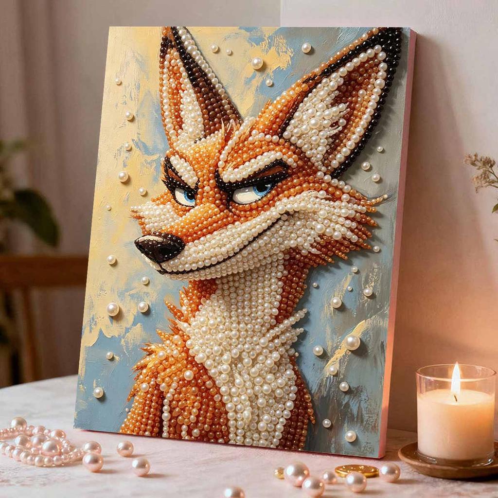 5D Pearl Painting Kit Framed with Clever Fox Portrait Sparkling Bead Art Canvas DIY Relaxing Craft for Wall Decor Gift Set Home Art