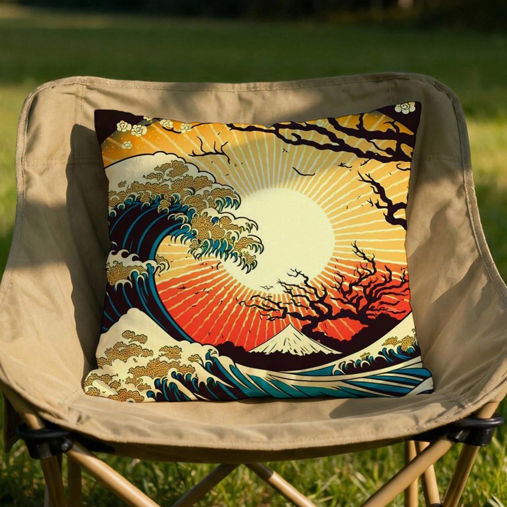Japanese Waves Cushion Cover Soft Reversible  Durable Pillow Cover  MultiScene Use for Home  Car Daily Comfort