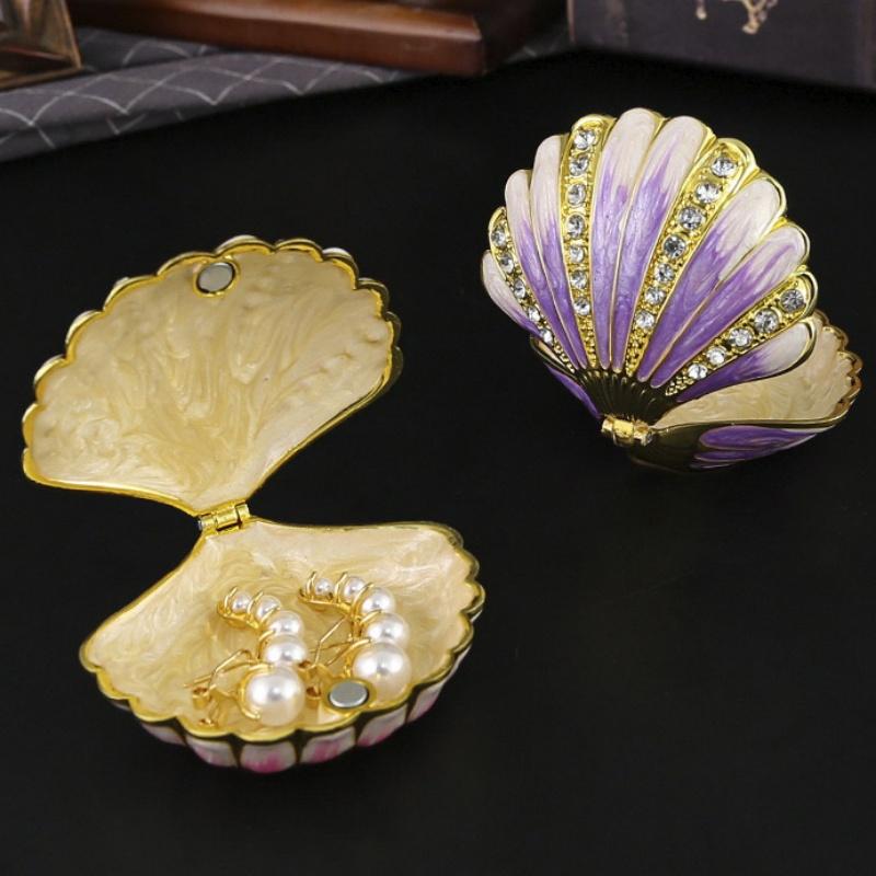 Portable Mini Jewelry Storage Box Bracelet Organizer,Embossed Shell Shape Inlaid Gem Alloy Ring Storage Jar Dresser Display Gift