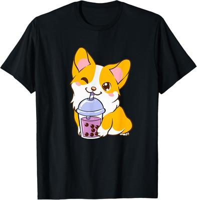 Kawaii Corgi Drinking Boba Tea Cute Dog Lover Graphic Tee Casual Short Sleeve T-Shirt