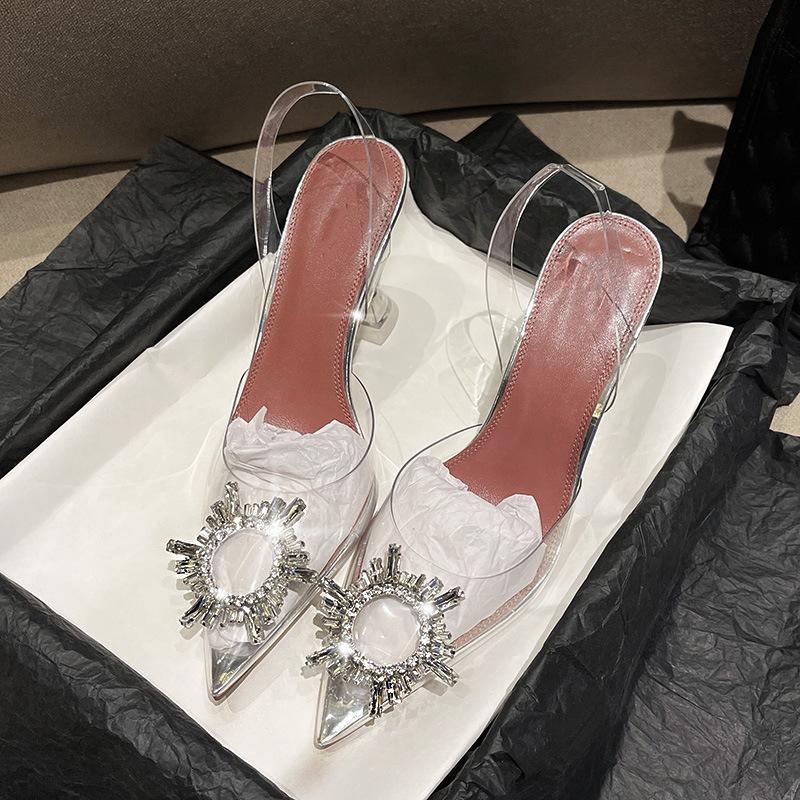 

Rhinestone baotou sandals female 2025 summer new Internet celebrity transparent crystal heel fairy wind thin heel pointed high heels 34