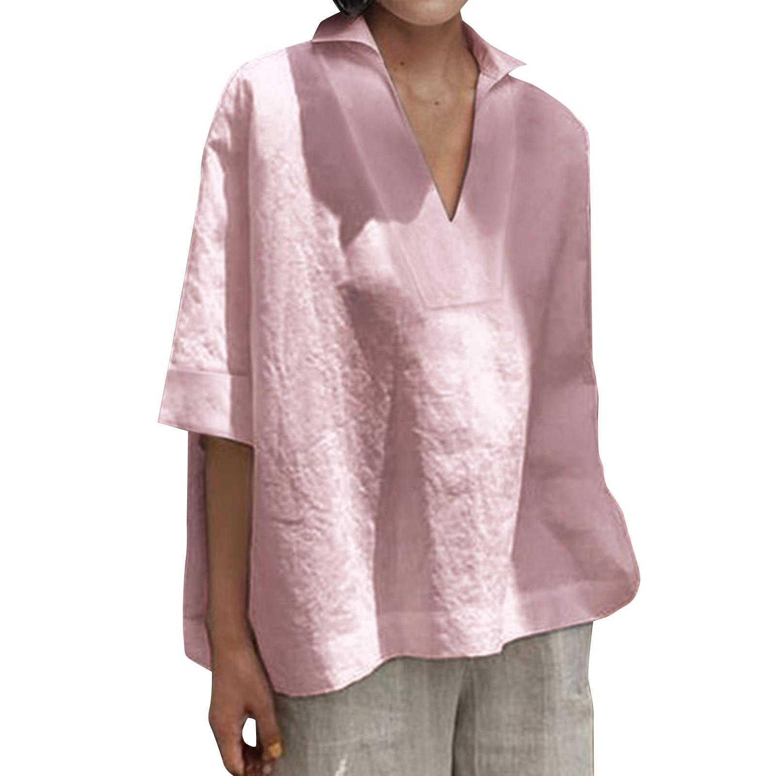 

Женская хлопково-льняная универсальная однотонная женская рубашка с v-образным вырезом и свободными рукавами XXL розовый
