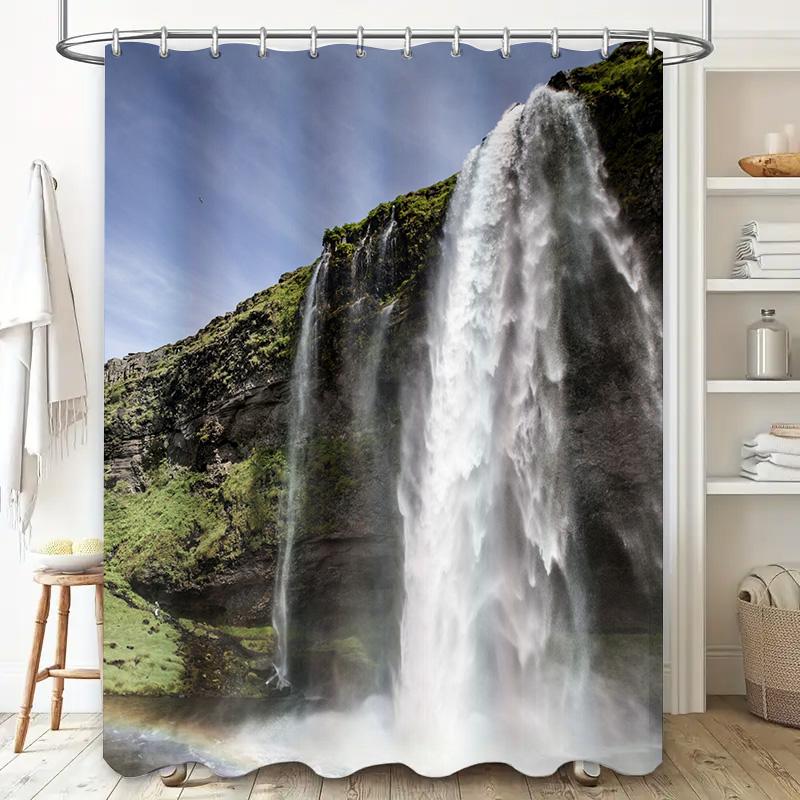 Waterfall Shower Curtain Nature Decor for Bathroom Waterproof Fabric with Rainbow Effect 3D Printing Customized Size Available E