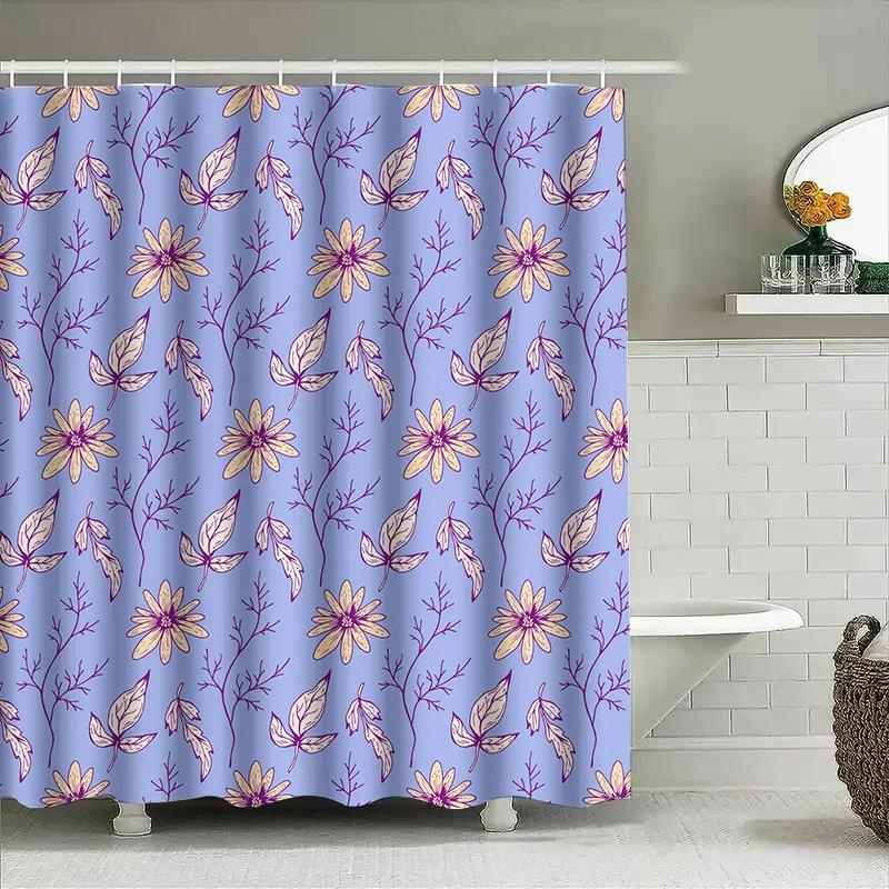 Beautiful Floral Shower Curtain with Purple Leaves for Bath Decor Waterproof Fabric Bathroom Curtains In Multiple Sizes