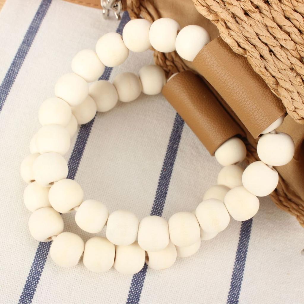 Handgefertigte runde Papierröhrentasche mit Kordelzug aus gewebtem Papierseil mit Holzperlen - Kompakt Vielseitig Minimalistisch Lässig